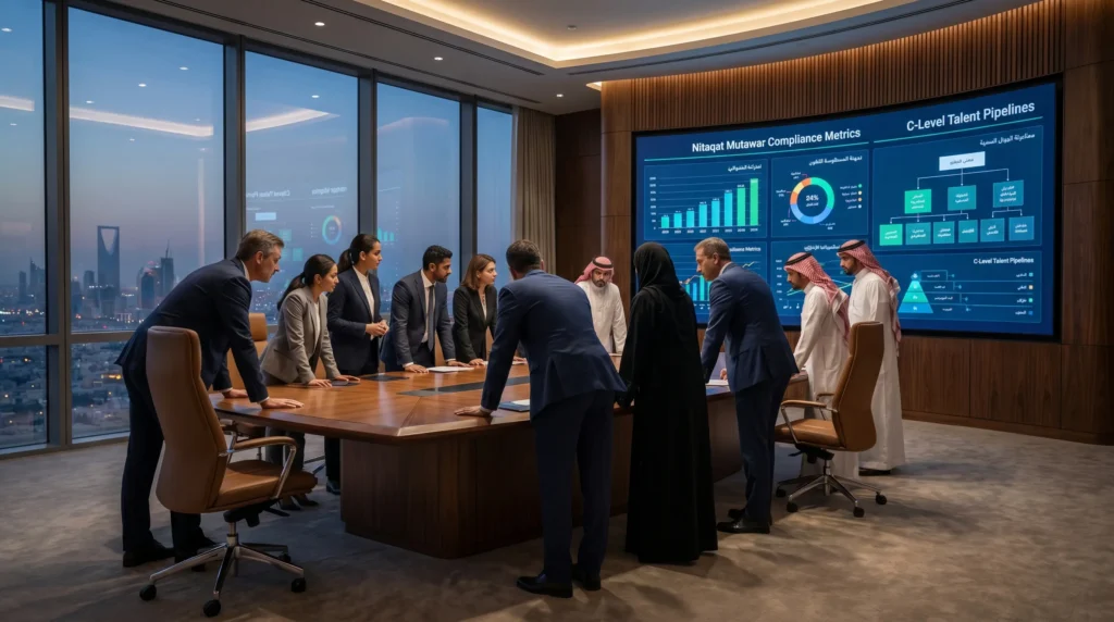 Saudi executives and HR consultants analyzing corporate talent data in Riyadh