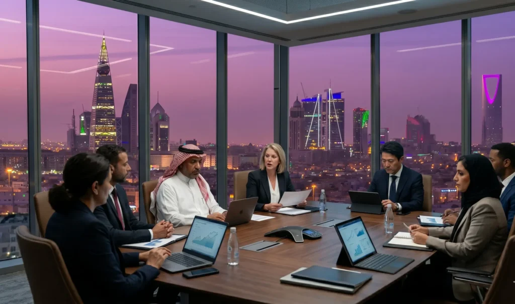 Multinational executives reviewing Saudi RHQ licensing and market entry requirements